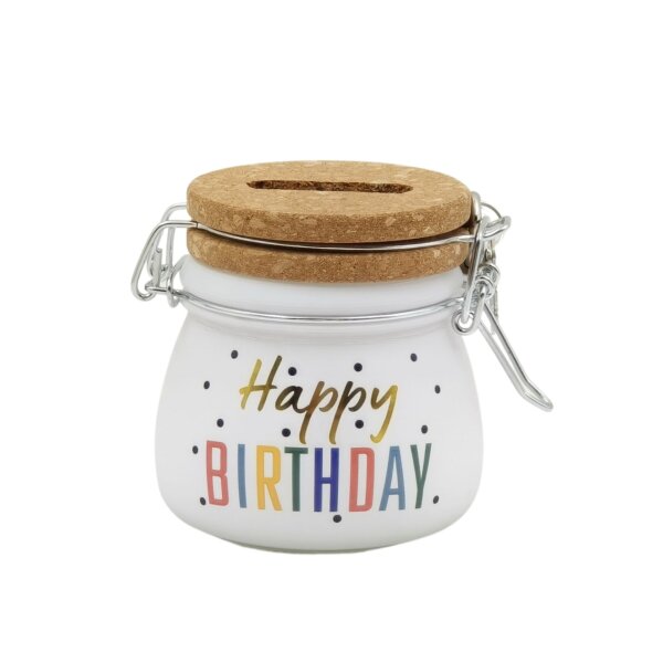 Sparglas MINI "Happy Birthday" mit Schloss und Schlüssel