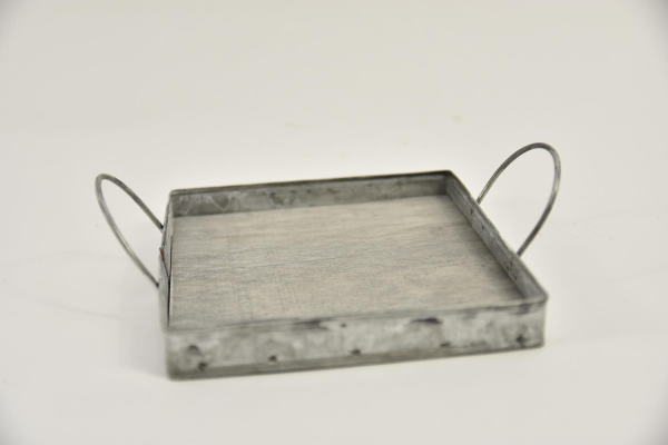 Tablett quadratisch Zink/Holz mit Henkel grey-wash