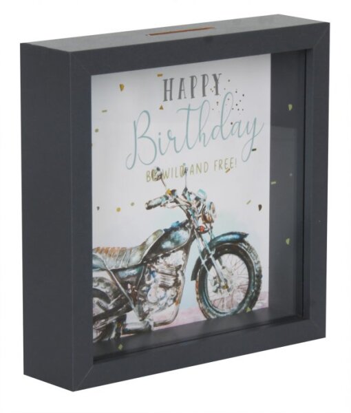 Spardose mit Glasfront Happy Birthday Be wild and free