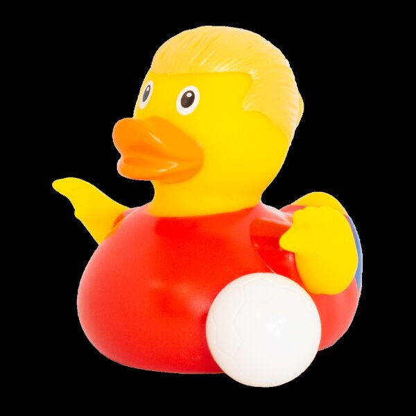 Ente Fußballstar rot – sportliche Badeente mit Torinstinkt