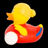 Ente Fußballstar rot – sportliche Badeente mit Torinstinkt