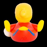 Ente Fußballstar rot – sportliche Badeente mit Torinstinkt