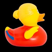 Ente Fußballstar rot – sportliche Badeente mit Torinstinkt